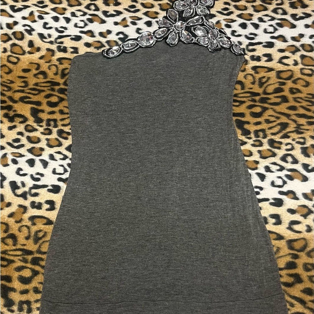 Body Central Gray One-Shoulder Camisole with Floral Accents